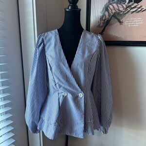 SHEIN long sleeve Blue and White Striped peplum wrap Blouse size xl 44 12